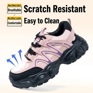 Zapatos de seguridad para mujer en rosa y negro con punta de acero y malla transpirable