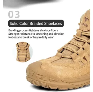 Detalle de los cordones tejidos en las botas de seguridad de color canela.