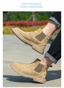 Vista de detalle de botas de seguridad en ante caqui con amortiguación suave y flexible