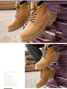 Detailed view of the tan high-top safety work boots with durable rubber soles.