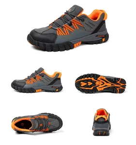 Multi-angle details of breathable gray and orange safety work shoes with anti-slip soles