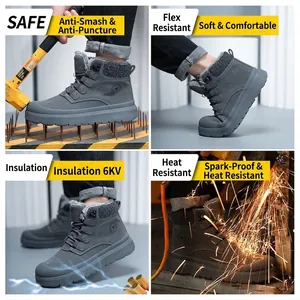 Chaussures de Sécurité pour Hommes Cuir Suédé Anti-Écrasement Anti-Perforation Isolé 6KV Hiver Chaud Doublure Polaire Léger Protection Industrielle Tige Haute