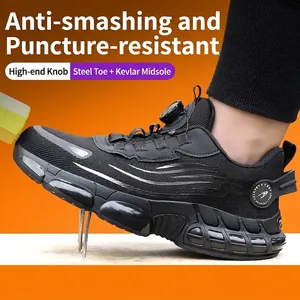 Fashion Rotary Knob Safety Shoes For Men Anti-smashing Steel Toe Anti-piercing Fly-knit Breathable Work Shoes Air Cushion Sole