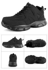 Vistas múltiples de zapatos de seguridad negros con puntera de acero y malla