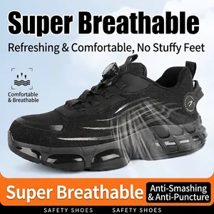 Breathable knit safety shoes with knob buckle and puncture-resistant steel toe design