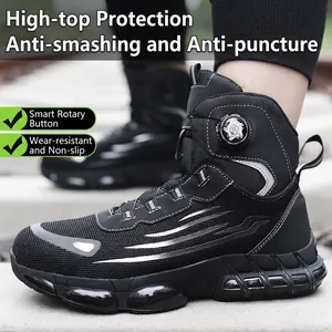 High-top safety work boots with rotary buckle closure and anti-puncture sole