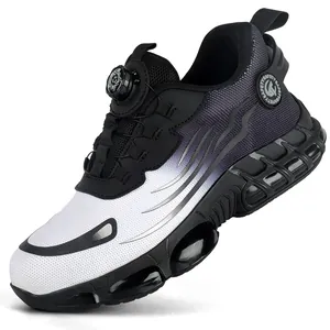 Breathable fly-weave safety work shoes for men featuring a quick-adjust rotary knob system