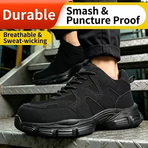 Zapatos de seguridad negros transpirables para hombres, con punta de acero y antipinchazos