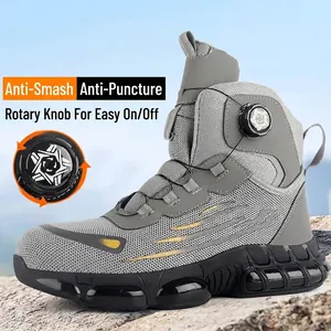High-top safety work boots with rotary knob closure and puncture resistant protection