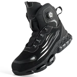 High-top black safety work boots with anti-puncture sole and rotary buckle system