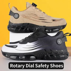 Durable breathable fly-knit safety shoes for men featuring a quick-release rotating buckle