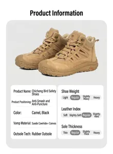 Infografía detallada de las especificaciones para botas de seguridad color caqui
