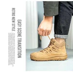 Primer plano de botas de seguridad color camello para hombre con cordones para el trabajo