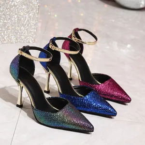 Detailed shot of sparkling pointed-toe stiletto heels in three vibrant sequin finishes.