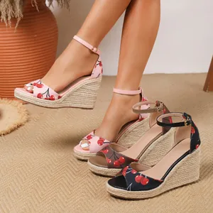 Damen Kirschfrucht-Druck Keilsandalen Leichte Plattform Espadrille High Heels Knöchelriemen Lässige Sommerschuhe Große Größe