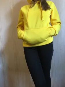 Detailed view of a bright yellow hooded sweatshirt with a functional front kangaroo pocket.