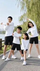 Family set of white long-sleeved athletic tops and black shorts for outdoor fitness activities.