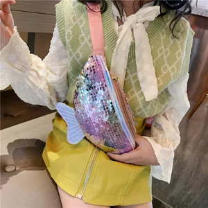 Funkelnde Pailletten Kinder Bauchtasche mit süßem Fischschwanz-Design und rosa Gurt