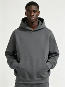 Front view detail of a premium 480G thick dark grey hooded sweatshirt with kangaroo pocket