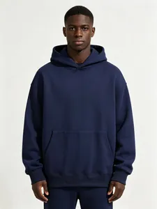 Front detail view of a navy blue 480G heavyweight polar fleece hoodie for men