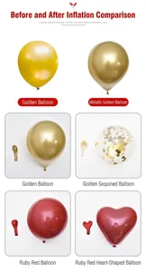 Comparison of various gold and ruby red party balloons shown before and after inflation