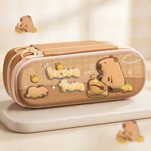 Leuke Capybara 3D dubbellaagse etui met grote capaciteit en een lesroosterkaartje