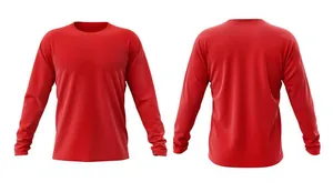 Professional front and back display of a red long-sleeve athletic performance t-shirt