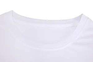 Detailed view of white crew neck collar on a breathable athletic long-sleeve shirt