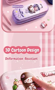 Detailopname van paars 3D-etui met duurzaam drukbestendig materiaal en cartoonontwerp.