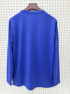 Detailed back view of a breathable royal blue long-sleeve athletic sports shirt
