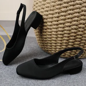 Women's black square toe slingback sandals with adjustable strap and low block heel