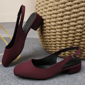 Elegant dark burgundy square-toe slingback sandals with adjustable low block heel