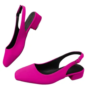 Elegant fuchsia square toe slingback dress sandals with adjustable buckle low block heel