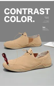 Men's khaki casual loafers with durable suede upper and contrast stitching details