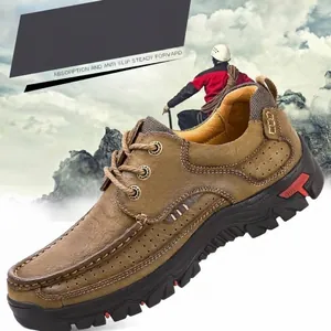 Men's durable brown leather outdoor casual shoes with anti-slip soles and breathable design