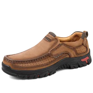 Men's brown leather casual loafers with slip-on design and durable rubber sole.