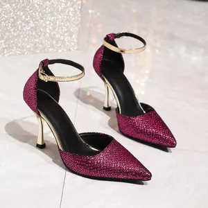 Elegant sparkling fuchsia pointed-toe stilettos with gold ankle straps for evening parties