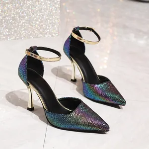 Elegant rainbow sequin pointed toe high heel sandals with gold metallic ankle straps