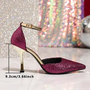 Side view detailing the 9.3cm stiletto heel of the purple glitter bridal pumps.