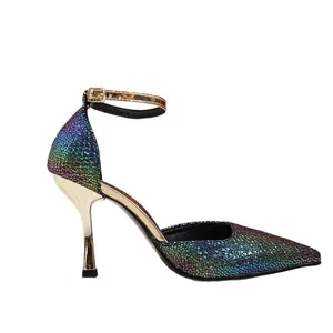 Shimmering iridescent pointed toe high heels with gold ankle strap for evening wear