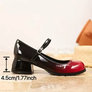 Detail of gradient red Mary Jane shoe with 4.5cm chunky heel and round toe.