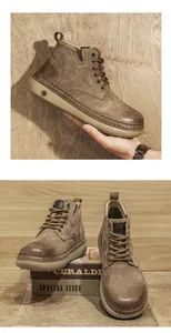 Vistas detalladas de botas de trabajo altas marrón vintage con textura
