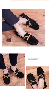 Mocassini da uomo in pelle scamosciata nera con lacci beige, scarpe slip-on casual eleganti