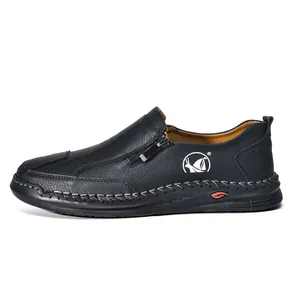 Side view of black leather men's casual shoe featuring hand-stitched sole detail