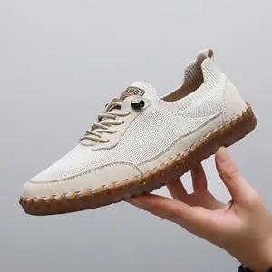 Breathable beige mesh men's casual shoes with soft gum sole and stitched detail