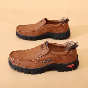 Detailed view of brown leather men's casual shoes with soft sole and stitch patterns
