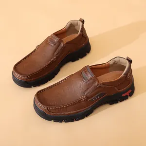 Brown soft leather slip-on men's casual shoes with durable rubber soles and stitching detail