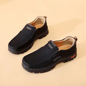 Premium casual black leather men's slip-on shoes with rugged outdoor rubber soles