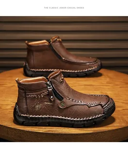 Handgenähte Herren-Freizeitstiefel aus braunem Leder mit praktischem Reißverschluss