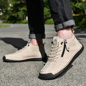 Classic men's beige casual Martin boots featuring side zipper and thick rubber sole.